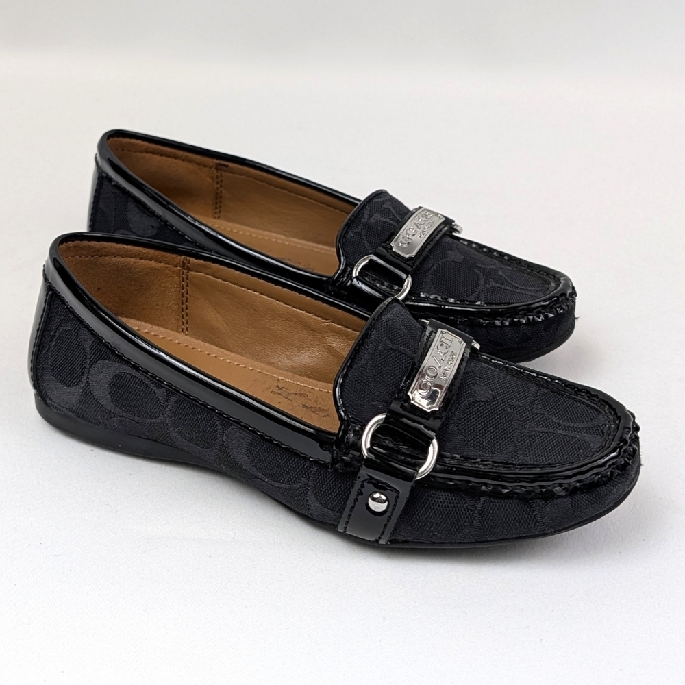 Coach Felisha Loafer Monogram Fabric Patent Leather Driving Shoe Preppy Black 6